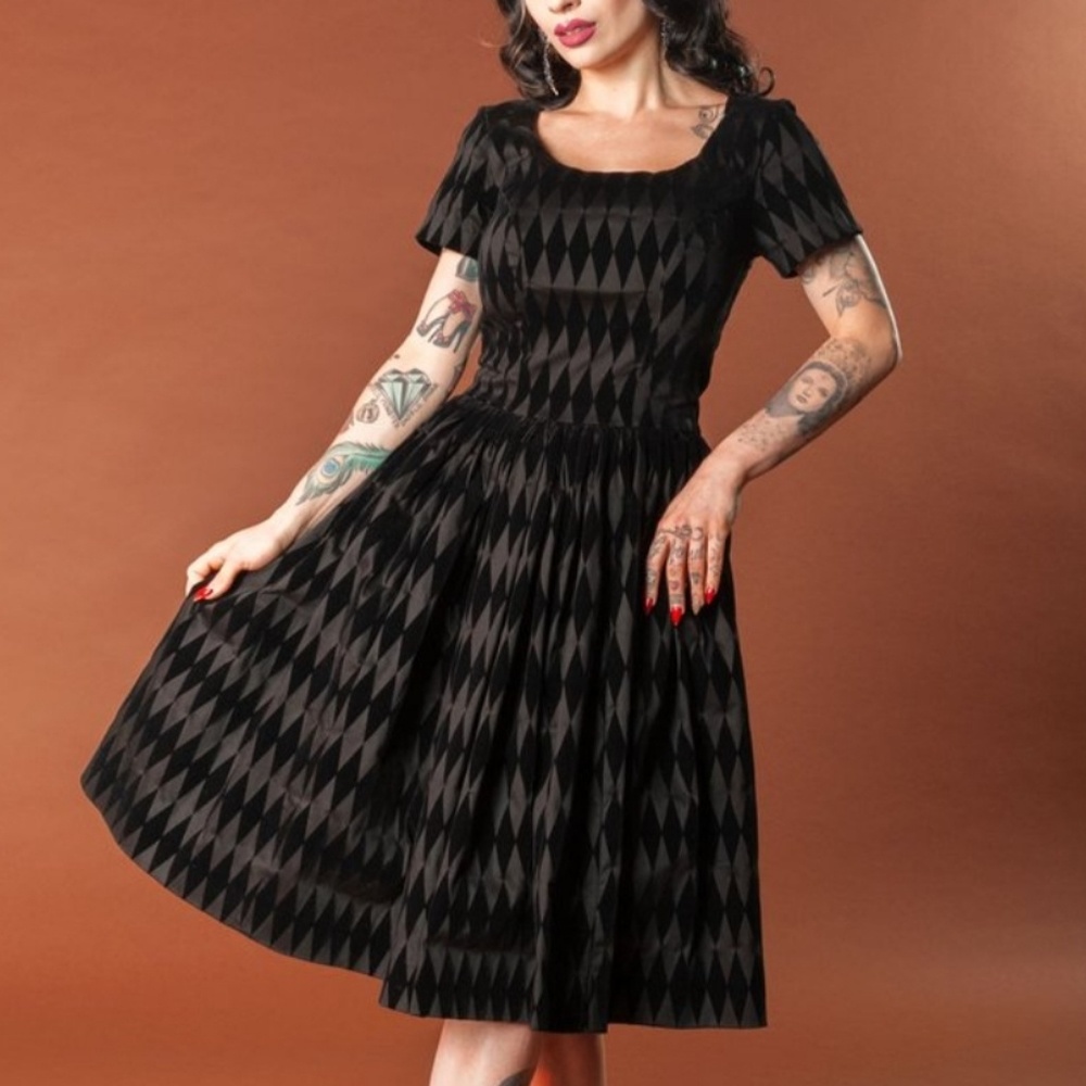 Gena Black Flocked Harlequin Dress